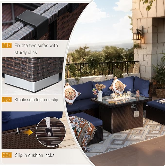 BULEXYARD 15 Piece Highback Wicker Patio Furniture Sets with Firepit, All-Weather Heavy Duty Outdoor Conversation Set Modular, Extra Deep Wide 14-Seats Sectional Couch Sofa for Backyard, Brown & Blue