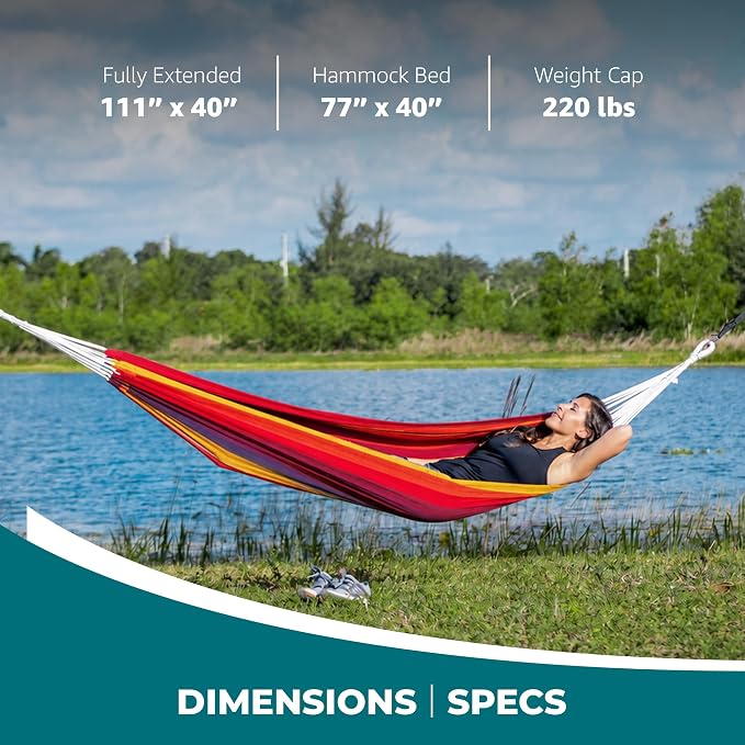 Bliss Hammocks 40" W Single Outdoor Hammock with Hand-Woven Rope Loops & Tree Straps, Patio, Durable, Cotton/Polyester, 220 Lbs Capacity, Tropical Stripe