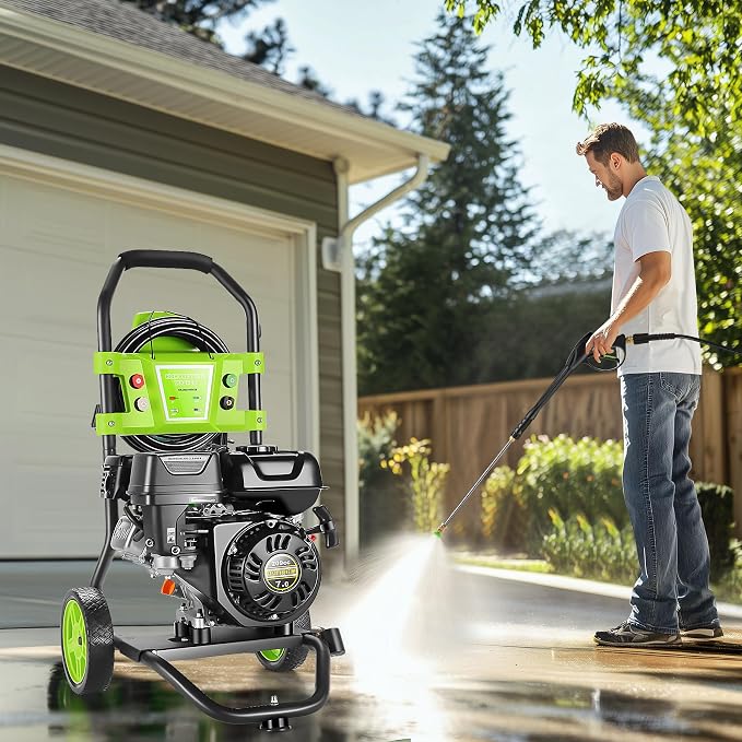 Professional 4200PSI 4GPM 209CC Gas Pressure Washer, 7.0HP Heavy-Duty 3600RPM Commercial Gas Power Washer with 750ML Foam Bottle 8" Wheels 5 Nozzles 25FT Hose (EPA/CARB/ETL Compliant), Green