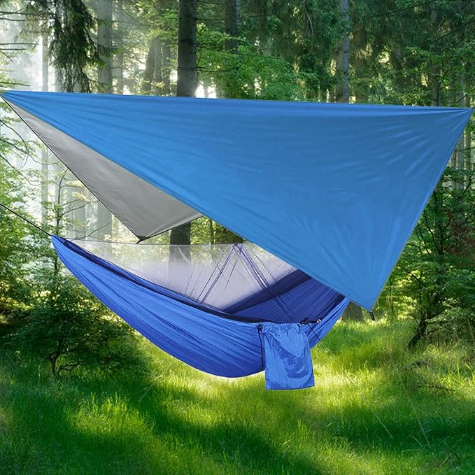 Portable Hammock with Net, Integrated Hanging Hammock for Outdoor Camping Traveling, Canopy to Wind Rain, Sturdy Nylon Fabric Polyester Material, Supports Up to (Blue Sky with Blue Hammock)