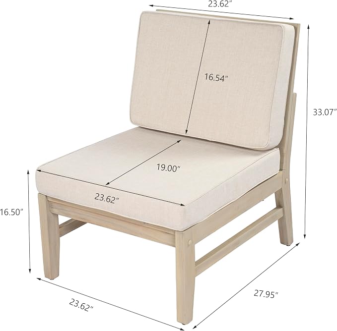 Christopher Knight Home Alex Acacia Wood Outdoor Patio Furniture Set for 6, Patio Sofa Set with Cushions, Patio Conversation Set with Sectional Sofa+Club Chairs and Coffee Table, Light White+Sand