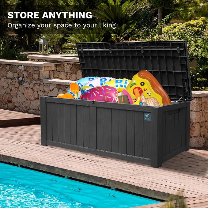 120 Gallon Outdoor Storage Box, Durable Deck Boxes Outdoor, Large Resin Waterproof Deck Box for Patio Furniture Outdoor Cushions Garden Tools and Pool Storage (Black, 120 Gallon)