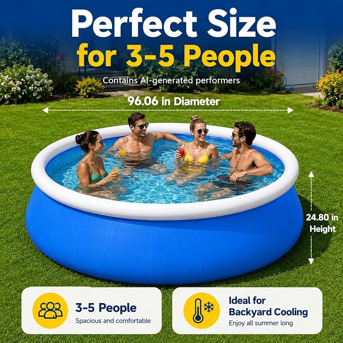 8 Ft Inflatable Swimming Pool for Family, Round Blow Up Pool for Adults, Garden/Lawn, Foldable Storage,Strong and Durable, No Assembly