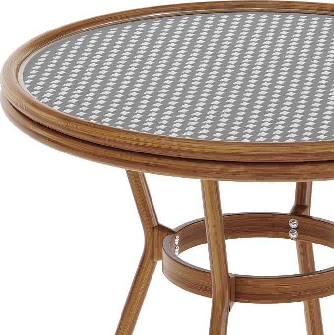 EMMA + OLIVER Colmar Indoor/Outdoor Bistro Table - Black & White Woven PE Rattan Pattern - Tempered Glass Top - Bamboo Finish Metal Frame - 31.5 in.