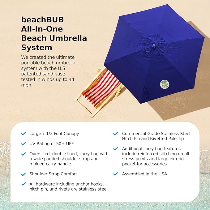 BEACHBUB ALL-IN-ONE BEACH UMBRELLA SYSTEM. Includes ULTRA Base (compliant with the ASTM F3681-24 Beach Umbrella Safety Standard). (Deep Ocean Blue)