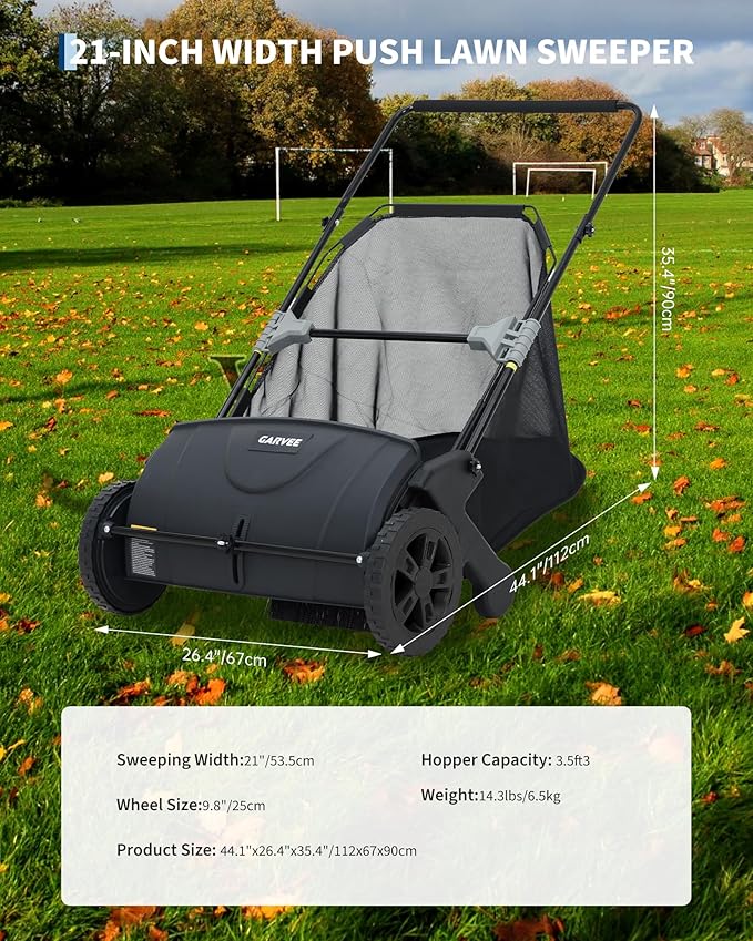 Garvee 21-Inch Push Lawn Sweeper, 3.5 Cu. Ft. Hopper Leaf & Grass Collector, 4 Spinning Brushes, Adjustable Brush Height, Manual Yard Sweeper for Grass Clippings, Leaves & Light Debris, Black