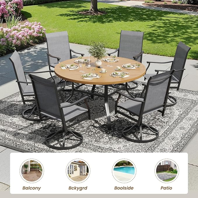 Soohow 7-Piece Outdoor Dining Set, Round Patio Dining Table and Chairs Set for 6, 6 x Swivel Patio Chairs and 47" Dining Table with 1.57" Umbrella Hole, Wood-Like, Ideal for Poolside, Backyard, Deck