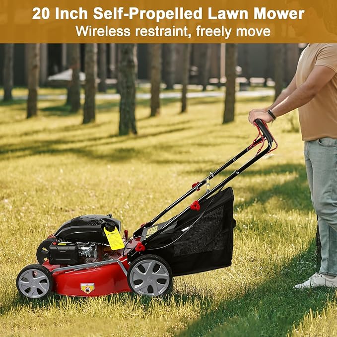 Self Propelled Gas Lawn Mower, 141CC 4-Stroke Gas Mowers, 3-in-1 Strong Power Cordless Gas Engine Lawn Mower with 20" Blade, 2850RPM Walk-Behind Lawnmower Gas with 50L Grass Tank Red