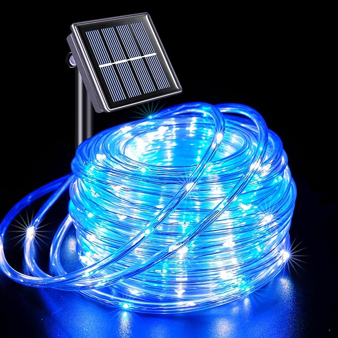 JMEXSUSS 66ft 200 LED Blue and White Solar Rope Lights for Christmas Decor | IP 65 Outdoor Waterproof Christmas Rope Lights with 8 Modes, Solar Christmas Lights for Fence Yard Walkway Christmas