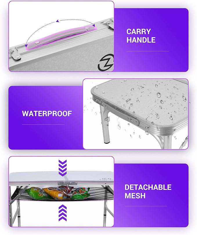Nice C Card Small Table, Adjustable Height Folding Table, Picnic, Camping, Outdoor, Portable Lightweight Aluminum, with Carry Handle for Beach, Indoor, Office (Large)