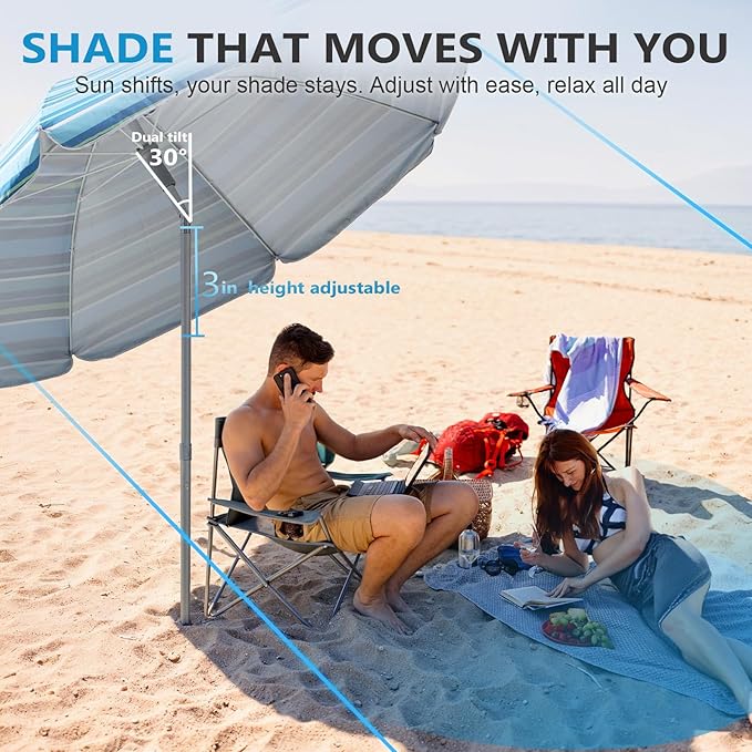 wikiwiki 7ft Beach Umbrella with Sand Anchor & Tilt, UPF 50+ Protection Beach Umbrellas for Sand, with Carry Bag and Hook, for Patio Garden Pool, Light Blue Stripes