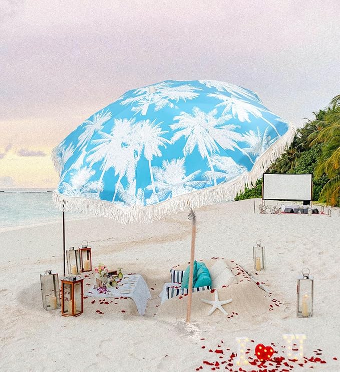 6.5Ft Boho Beach Umbrella with Fringe, Tassel Umbrellas with Tilting Wood Pole & Carrying Bag, UPF 50+ for Beach