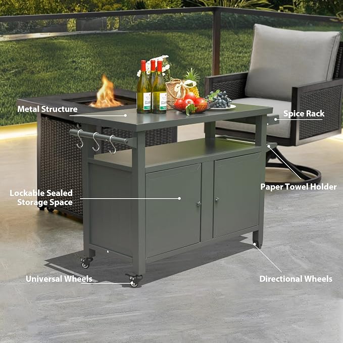 Outdoor Storage Box and Grill Prep Table with Wheels, 83 Gallon Metal Patio Storage Cabinet for BBQ Tools and Garden Gear, Lockable Lid and Side Shelves, 51.67 x 20.31 x 35.51 Inches, Grey