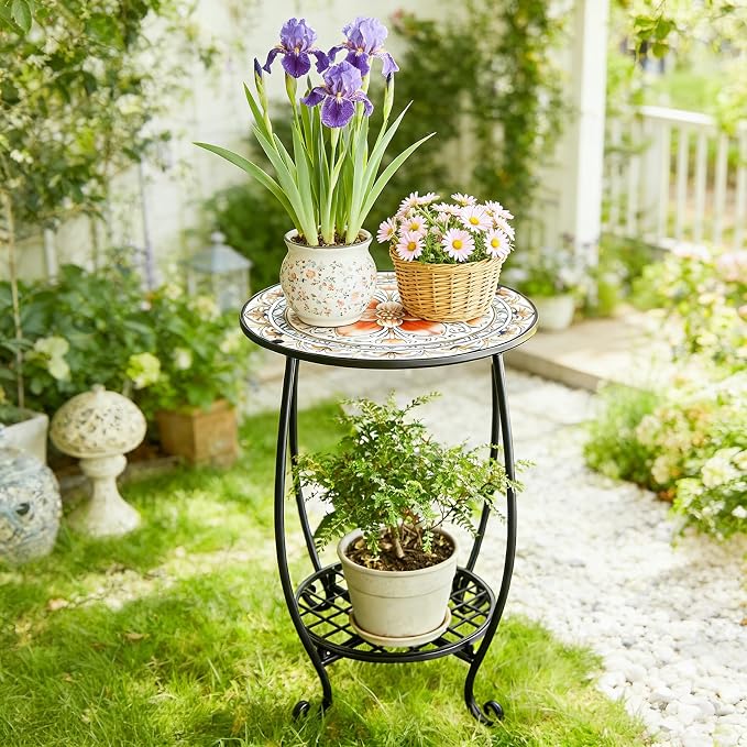 Arbuxzuy 12 Inch Small Outdoor Side Table with Colorful Flowers, Glass Mosaic Patio Table Indoor, Round Plant Coffee Table for Living Room, Balcony, Garden（Pink Flowers Style）