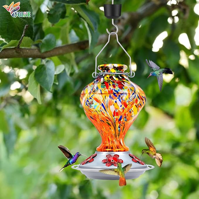 Hummingbird Feeder, BOLITE Glass Hummingbird Feeders for Outdoors Hanging, Hand Blown Twisted with Ant Moat, 5 Bee-Proof Ports, 360° Perch, Leak-Proof, 24oz, Orange, Gifts for Mom Dad Women Men