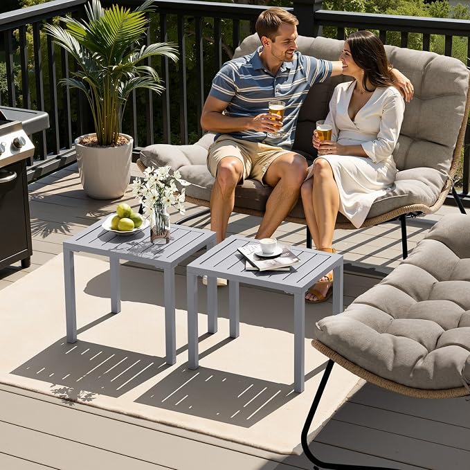Crestlive Products Outdoor Side Table Set of 2, Aluminum Small Rectangular Coffee End Tables for Patio Balcony Pool Deck(Light Gray)