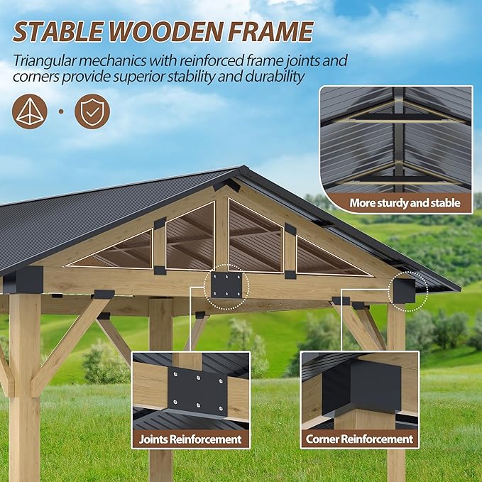 11' x 13' Wood Gazebo, Outdoor Cedar Wood Hardtop Gazebo with Galvanized Steel Roof, Wooden Frame Gazebos for Backyard, Patio, Deck
