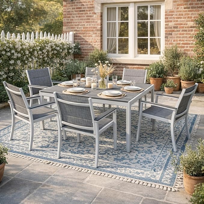 Kozyard Coolmen Outdoor Patio Indoor Dining Table Rectangle 58.9" L × 35.6" W Land Wood Like Laminate Tabletop for 6 People Porch Balcony Garden Gray
