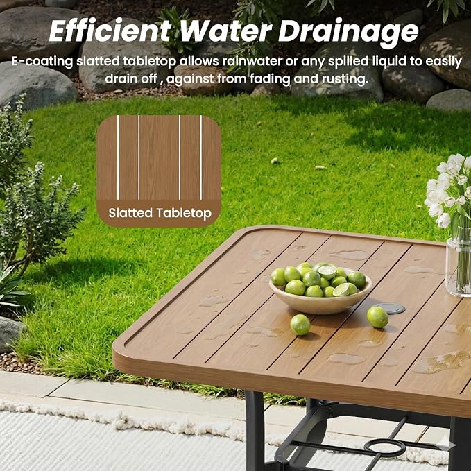 Soohow Outdoor Dining Set for 4, Outdoor Patio Dining Set 4 x Stackable Chairs & 1 x Wood-Like Outdoor Table with Umbrella Hole, All-Weather Patio Table and Chairs for Poolside, Backyard and Porch