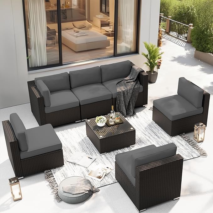 SUNCROWN 7-Piece Outdoor Patio Furniture Sofa Set All-Weather Black Wicker Sectional Conversation Set with Modern Glass Coffee Table and Cushions, Garden, Backyard, Deck, (Dark Grey)