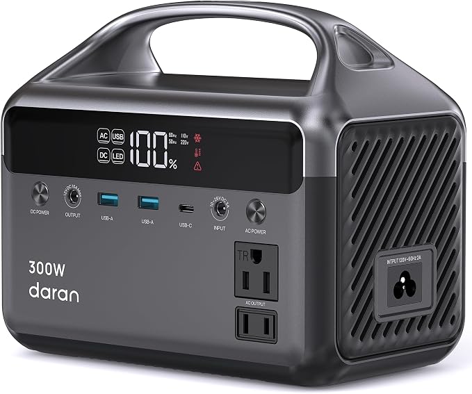 DaranEner Portable Power Station, 300W (Surge 600W) 192Wh Power Bank with 110V AC Outlet, LiFePO4 Battery for Home Emergency, Camping, Travel,& Outdoor Electronics(Option Solar Generator)
