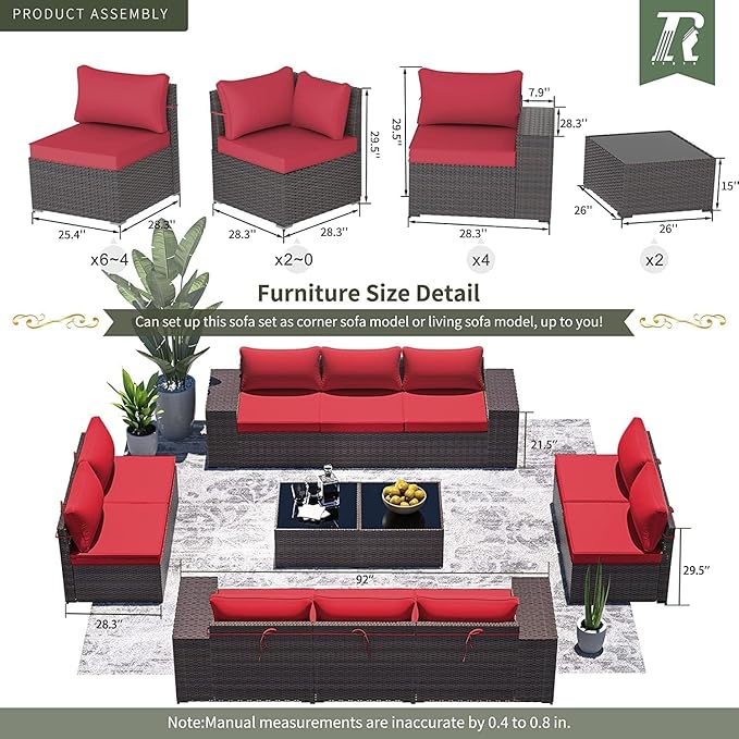 12 PCS Outdoor Patio Furniture Set,Outdoor Sectional Furniture All Weather PE Rattan Wicker Patio Conversation Set with 2 Coffee Tables and 10 Thickened Cushions,Red