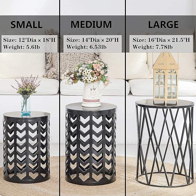 Y&M Set of 3 Black End Tables, Nesting Metal Round Coffee Table, Heavy Duty Meta Plant Stand Decorative Garden Stool, Outdoor Multifunctional Use