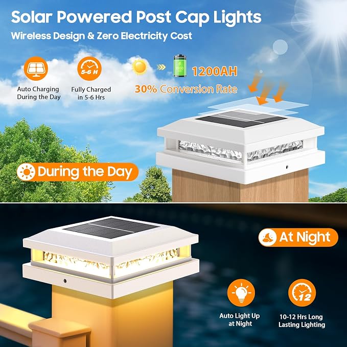 Solar Post Lights 8-Pack, 2 Color Modes 16LEDs Outdoor Decorative Post Cap Lights, Waterproof Solar-Powered Fence Posts Light, Fit 4x4, 5x5 Vinyl/Wooden Posts in Garden Yard Porch Deck, White