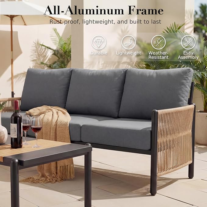 Aluminum Patio Furniture Set, 5 Seats Outdoor Patio Furniture with Coffee Table, Outdoor Wicker Conversation Sets with Cushion for Backyard, Balcony,Porch,Dark Grey