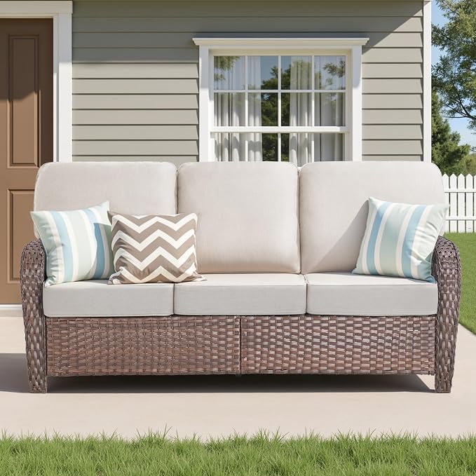 75'' Outdoor Patio Couch Wicker Sofa, All Weather Rattan 3 Seater Sofa High Back Couch with Deep Seating and Removable Cover, Outdoor Patio Furniture for Deck Porch Sunroom Backyard, Beige
