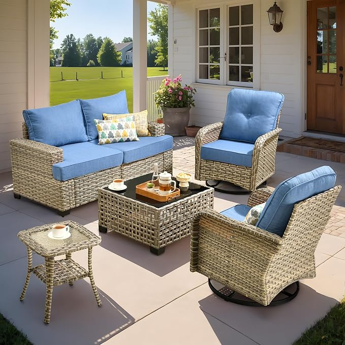 6 Pcs Outdoor Sectional Patio Furniture Set with Swivel Rocking Chair - All Weather Wicker Outside Sectional Couch,Patio Seating Outdoor Conversation Sets for Deck Yard,Blue