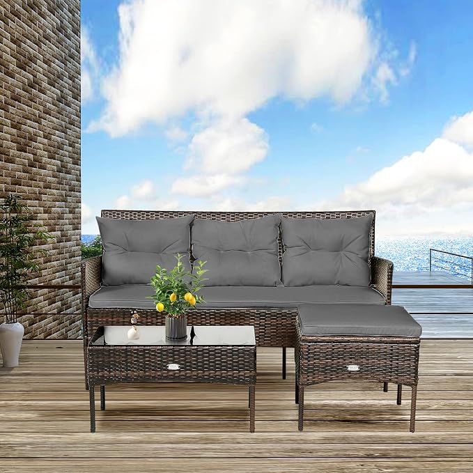 RELAX4LIFE 3 Pieces Patio Furniture Sectional Set, Rattan Wicker Conversation Set W/ 5 Cozy Seat & Back Cushions, Tempered Glass Coffee Table for Poolside, Balcony, Backyard Outdoor Furniture (Gray)