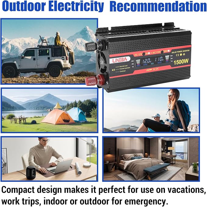 1500 Watt Power Inverter with LED Display,Dual AC Outlets,USB Port, 12V DC to 110V AC Converter Car Power Inverter for Vehicles, Car, RV, Truck, Off Grid Solar System, Outdoor Camping