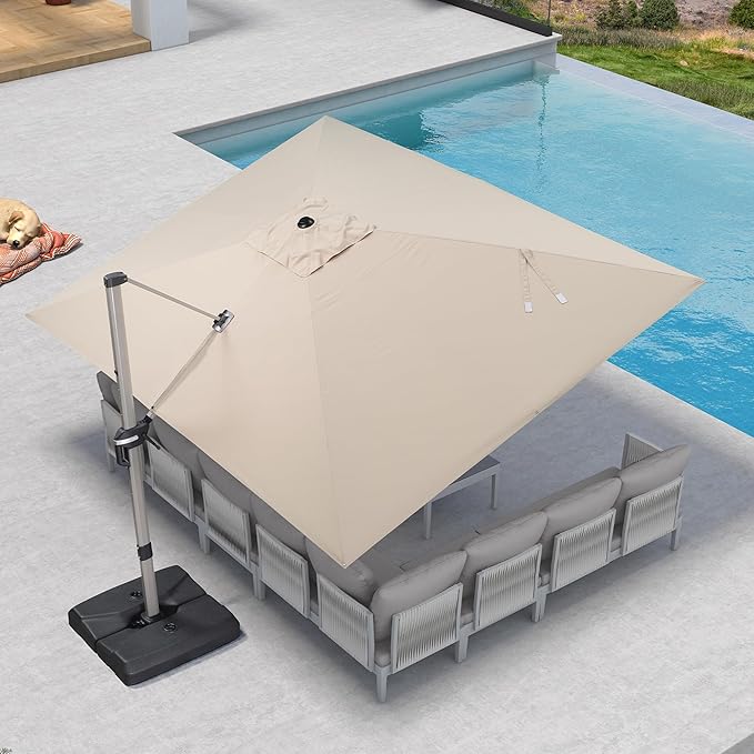 PURPLE LEAF 10' X 13' Patio Umbrella, Rectangle Outdoor Cantilever Umbrella, Aluminum Offset Umbrella with Champagne Frame and 360° Rotation for Pool Deck Garden, Beige