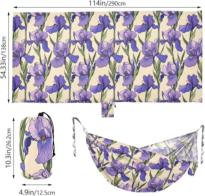 Camping Hammock Outdoor Hammocks for Outside Purple Flower-de-luce Beach Trees Portable Lightweight with Pockets Tree Straps Indoor Small