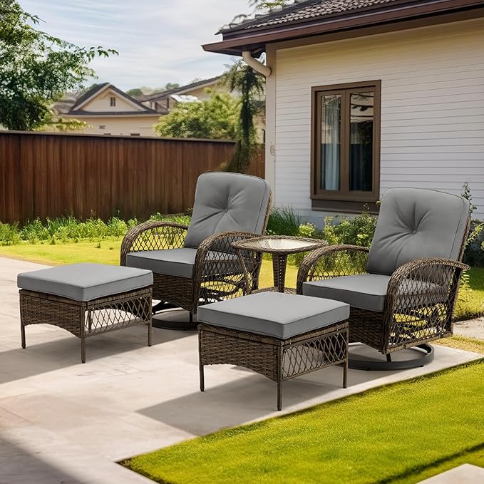 EROMMY 5 Pieces Outdoor Swivel Rocker Patio Chairs, 360 Degree Rocking Patio Conversation Set with Thickened Cushions, Glass Coffee Table and Ottomans for Backyard, Gray