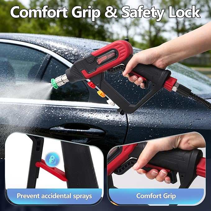 Short Pressure Washer Gun with Swivel, 5000 PSI Power Washer Gun, 3/8" Quick Connect, M22-14mm and M22-15mm Adapter, 5 Nozzle Tips, Trigger Lock for Car Wash and Cleaning