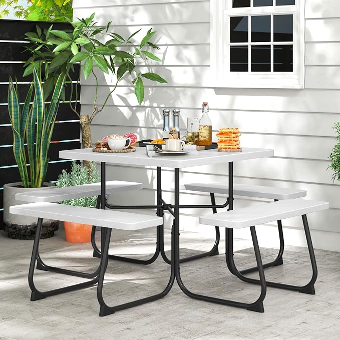 HAPPYGRILL 4-8 Person Square Picnic Table Bench Set with Umbrella Hole, Outdoor Camping Table with HDPE Material and Sturdy Metal Frame for Patio, Garden and Backyard, White