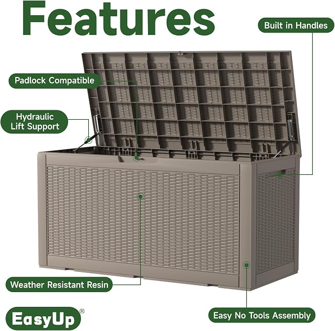120 Gallon Waterproof Resin Outdoor Storage Box, Multifunctional Patio Deck Box, Weatherproof Outdoor Bin for Garden, Pool, Backyard & Porch Furniture Tools (Grey, 120 Gallon)