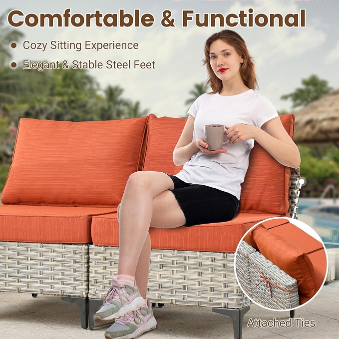 Outdoor Sectional Patio Furniture Set,5 Pieces Rattan Wicker Conversation Sets L Shaped Couch,Outside Furniture with Glowing Coffee Table,Orange Line