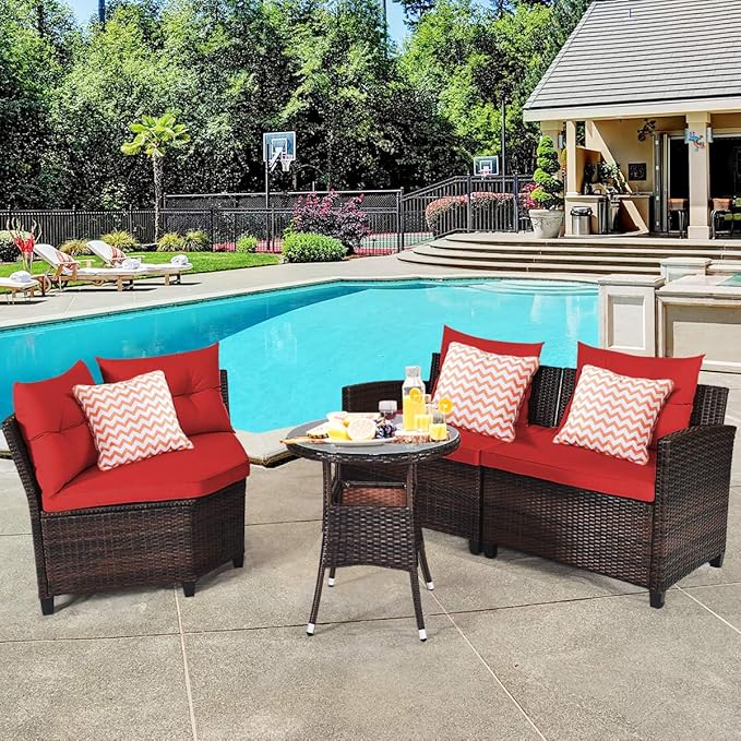 Tangkula 4-Piece C Shape Patio Furniture Set, Outdoor Corner Wicker Rattan Sectional Cushioned Sofa Set, with Glass Coffee Table, for Garden Poolside Balcony (Red)