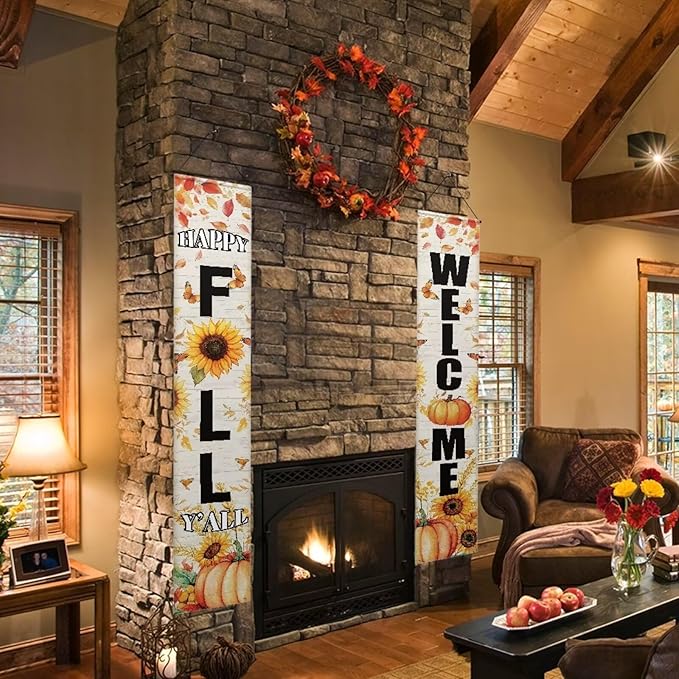 Thanksgiving Give Thanks Porch Banner Sign, Fall Pumpkin Patch Maple Leaves Front Door Decorative Hanging Welcome Banner Flag, Autumn Welcome Farmhouse Decoration Home Outdoor Yard Decor