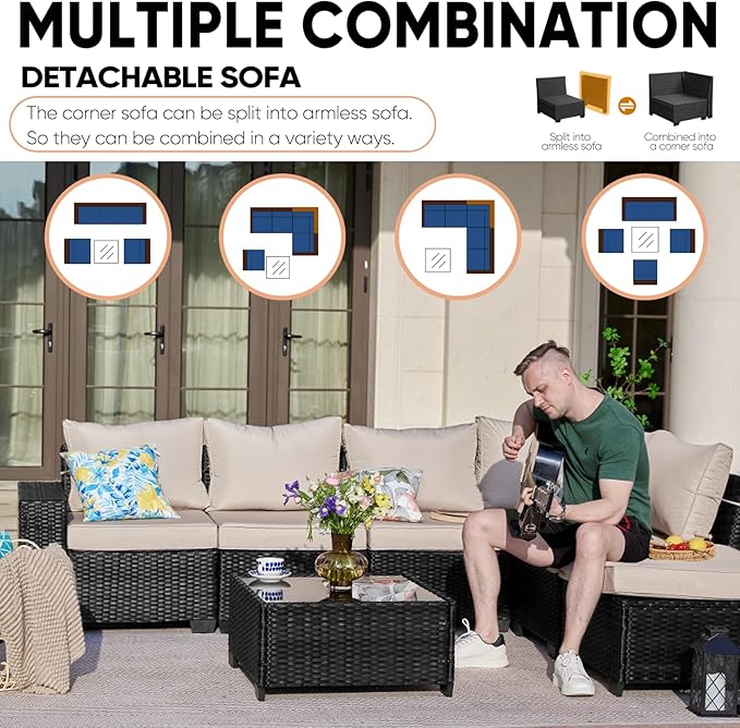 6 Pieces Patio Furniture Set,Wicker PE Rattan Outdoor Sectional with Cushion & Coffee Table, Patio Conversation Sofa for Garden, Backyard, Poolside, Beige