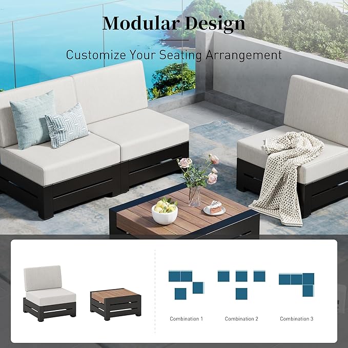 Upgraded 4 Piece Metal Patio Sectional Furniture Set with 5.9" Thick Cushion, Outdoor Furniture Conversation Set with Coffee Table, Patio Modular L Shape Sofa for Backyard Deck Outside