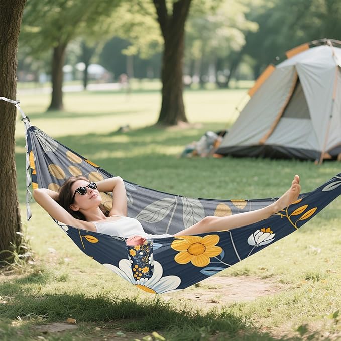 Floral Chamomile Pattern Dark Blue 330lb Capacity Outdoor Hammocks with Hanging Rope Portable Hammock for Indoor Outdoor Patio Bases para hamacas para adultos