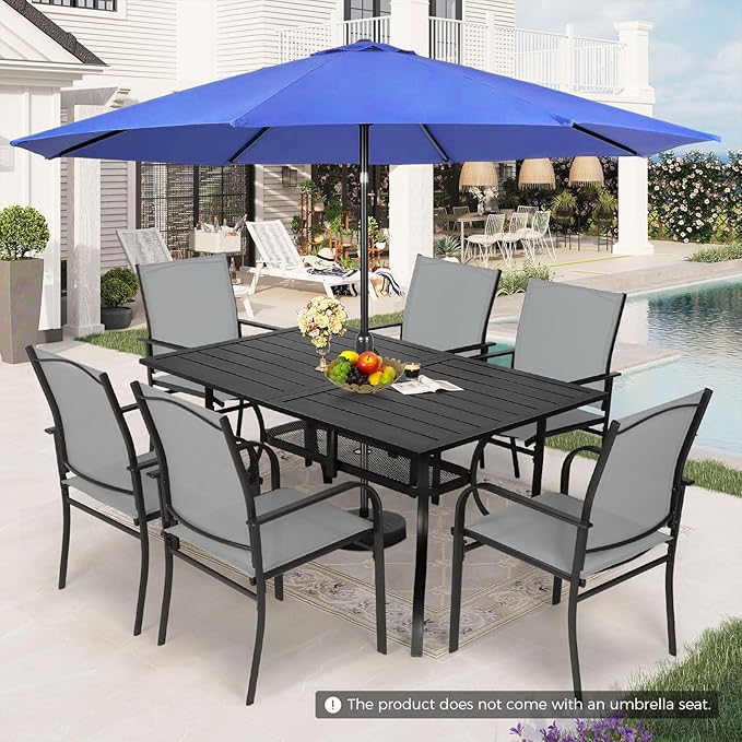 Incbruce 8 Pieces Patio Dining Set with Dark Blue Umbrella, Outdoor Dining Set of 6 Textilene Chairs and Rectangle Table with Umbrella Hole for Backyard, Garden, and Poolside (Grey)