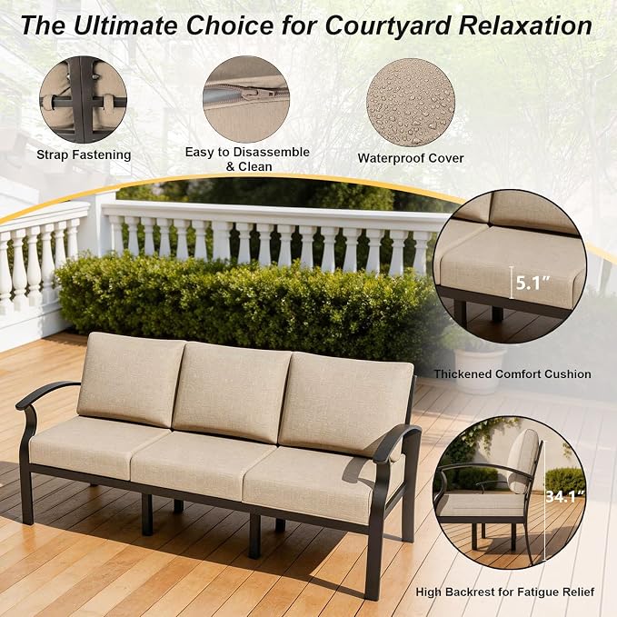 Gotland Aluminum Patio Furniture Set with Rectangular Coffee Table, Metal Patio Furniture with 5 Seats Waterproof 5.1'' Seat Cushions, Outdoor Sectional Patio Conversation Sets for Balcony Khaki