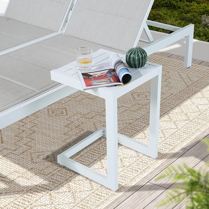 Ulax furniture Aluminum Patio Snack Side Table - C Shaped Outdoor End Table for Small Spaces (White)