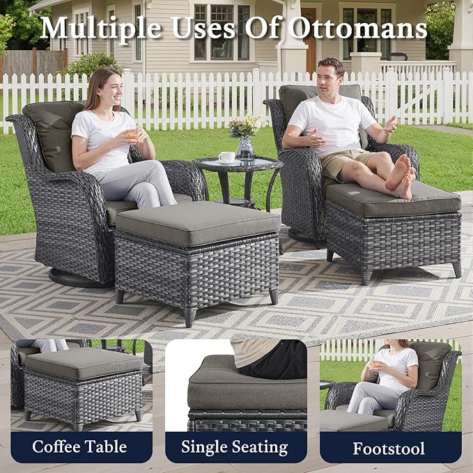 Outdoor Patio Furniture Set-5 Piece Outdoor Swivel Rocker Chairs with Ottomans Patio Furniture Set for Deck Balcony Poolside Backyard-Grey/Grey