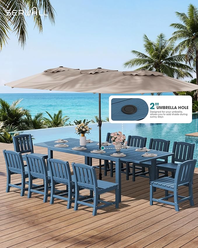 SERWALL 7-Piece Outdoor Dining Set, 60" - 83" Expandable Outdoor Dining Table and 6 HDPE Chairs, All Weather HDPE Outdoor Furniture Set for Backyard, Garden, Blue